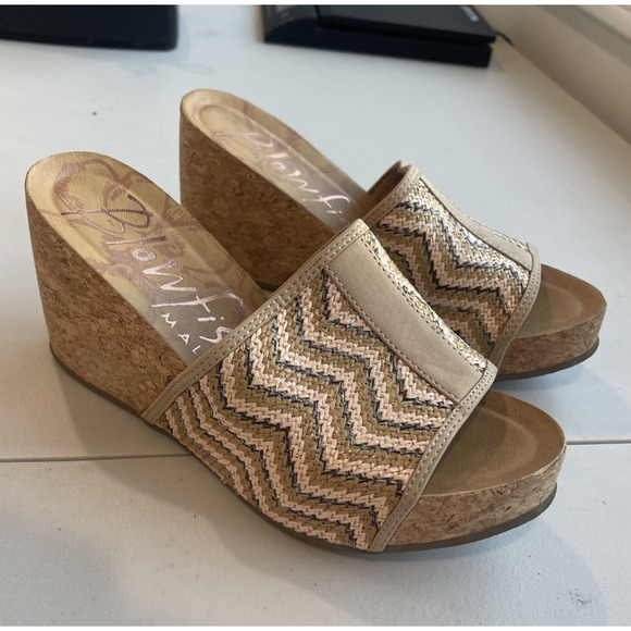 Blowfish Malibu Slip On Sandals sz 7 M Cork Wedge Slide Brown Raffia Natural - Picture 2 of 10